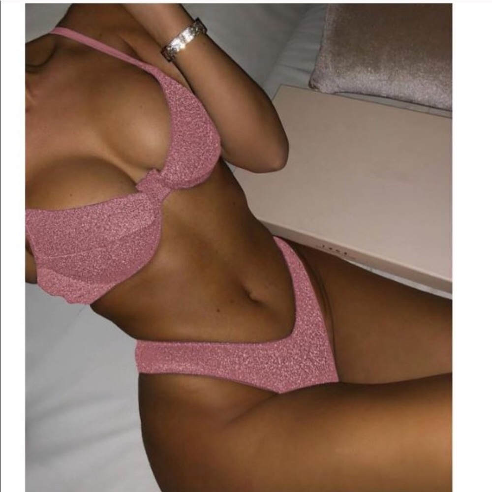 Pink sparkly metallic push-up demi thong bikini